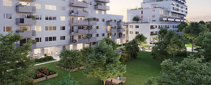 Das Grünraumkonzept von Mischek's Orangerie soll den künftigen BewohnerInnen Erholungswert und Urban Gardening rund um und in der Anlage bieten.