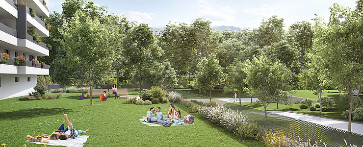 Vor dem Mischek Wohnbauprojekt Hochh(in)aus in der Biotope City am Wienerberg sind großzügige Freflächen vorgesehen.