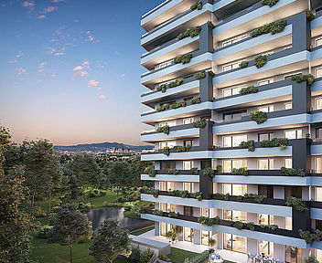 Das Wohnbauprojekt Hochh(in)aus in der Biotope City bietet 117 freifinanzierte Eigentumswohnungen in Wien Favoriten.
