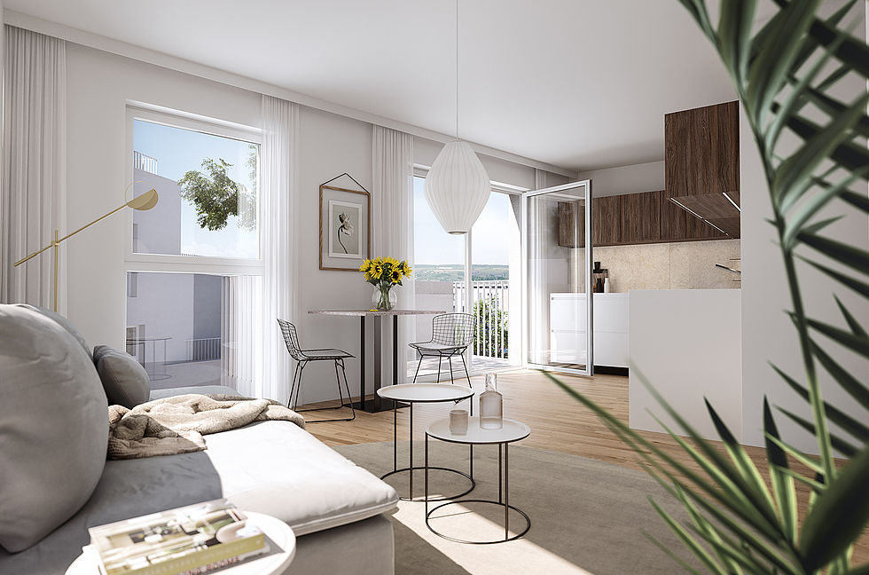 Die freifinanzierten Eigentumswohnungen am Hutterplatz 6 in Wien-Floridsdorf können provisionsfrei direkt vom Bauträger Mischek gekauft werden.