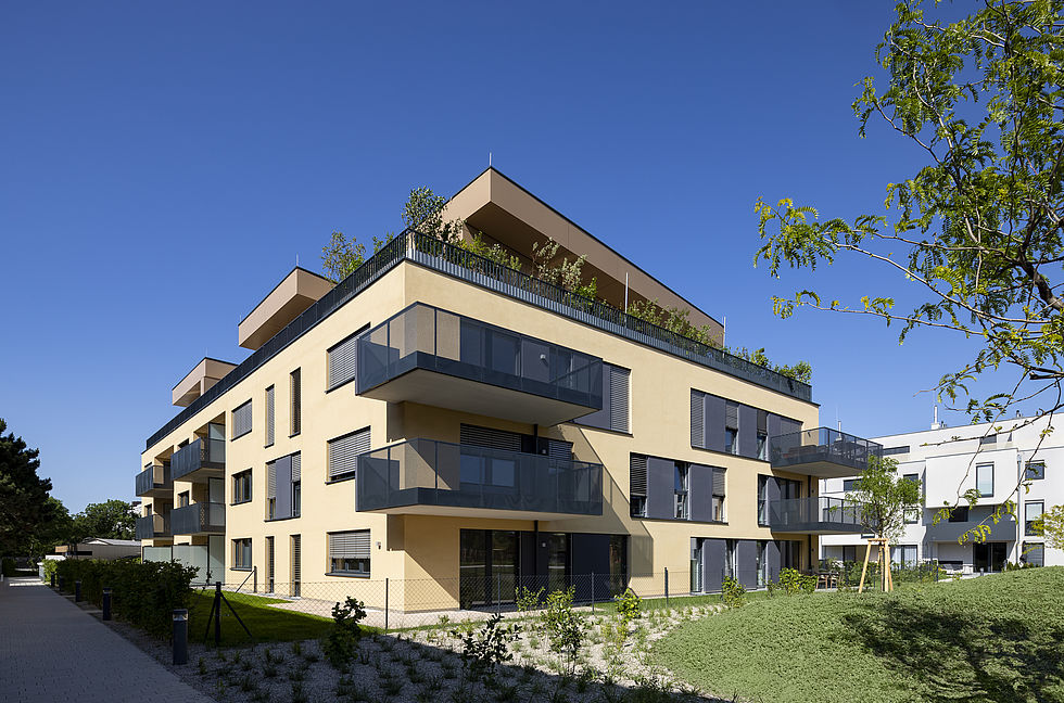 Das in der Kugelmanngasse 1A von Mischek Bauträger erbaute Wohnhaus von außen.