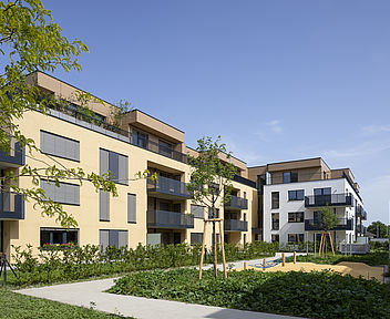 Das in der Kugelmanngasse 1A von Mischek Bauträger erbaute Wohnhaus von außen.