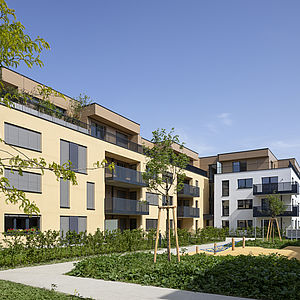 Das in der Kugelmanngasse 1A von Mischek Bauträger erbaute Wohnhaus von außen.