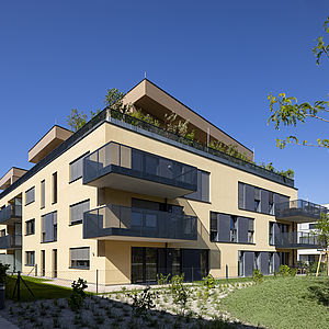 Das in der Kugelmanngasse 1A von Mischek Bauträger erbaute Wohnhaus von außen.