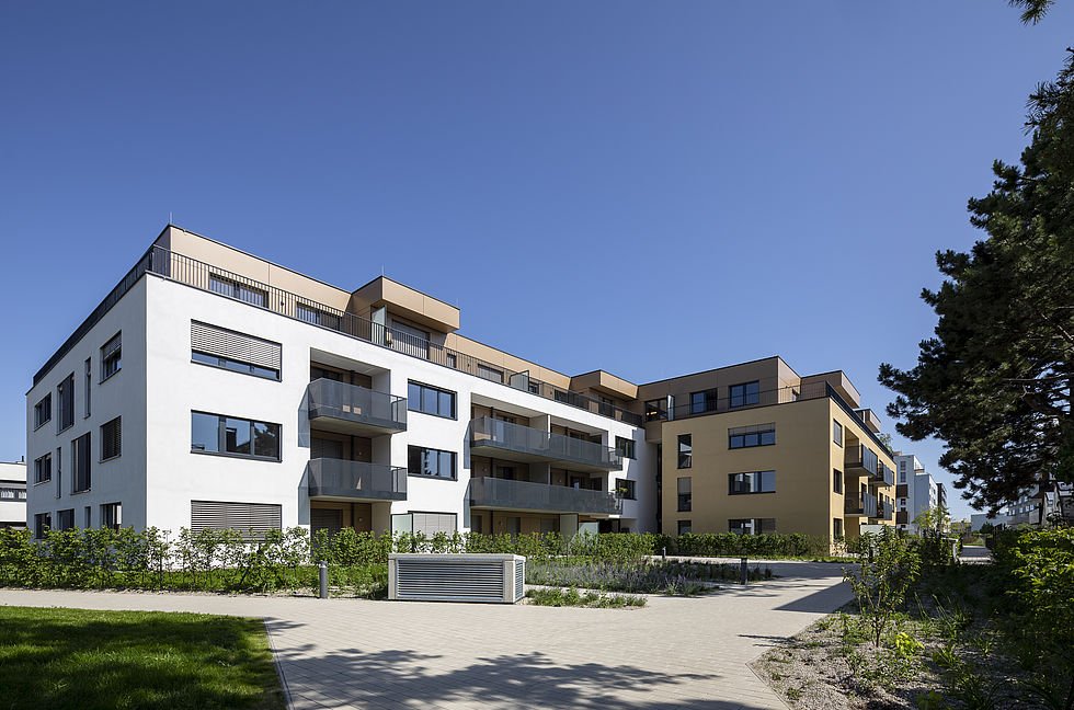 Das in der Kugelmanngasse 1A von Mischek Bauträger erbaute Wohnhaus von außen.