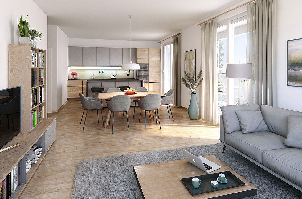 Beispiel einer Mischek Eigentumswohnung in Wien-Donaustadt im Neubauprojekt Green Eastside im Stadtentwicklungsgebiet Leben am Langen Felde.