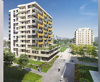 Das Mischek Neubauprojekt Green Eastside vor dem Quartiersplatz des Stadtentwicklungsgebiets Leben am Langen Felde.