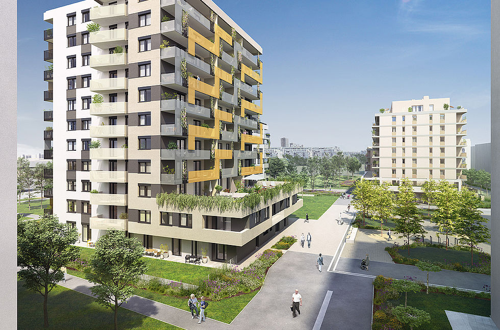 Das Mischek Neubauprojekt Green Eastside vor dem Quartiersplatz des Stadtentwicklungsgebiets Leben am Langen Felde.
