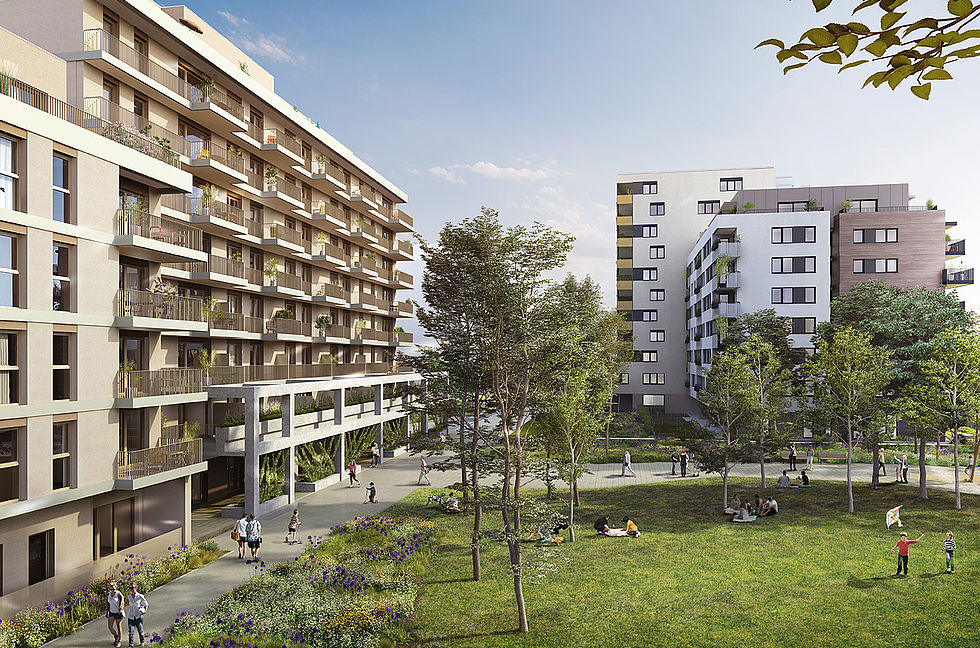 Das Mischek Neubauprojekt Green Eastside in Wien 22 liegt direkt an einer neu gestalteten grünen Parkfläche.