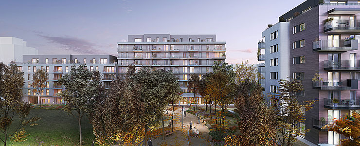 Die Mischek Wohnhausanlage Green Eastside bietet Wohnungen in Wien Kagran zum Kaufen. 