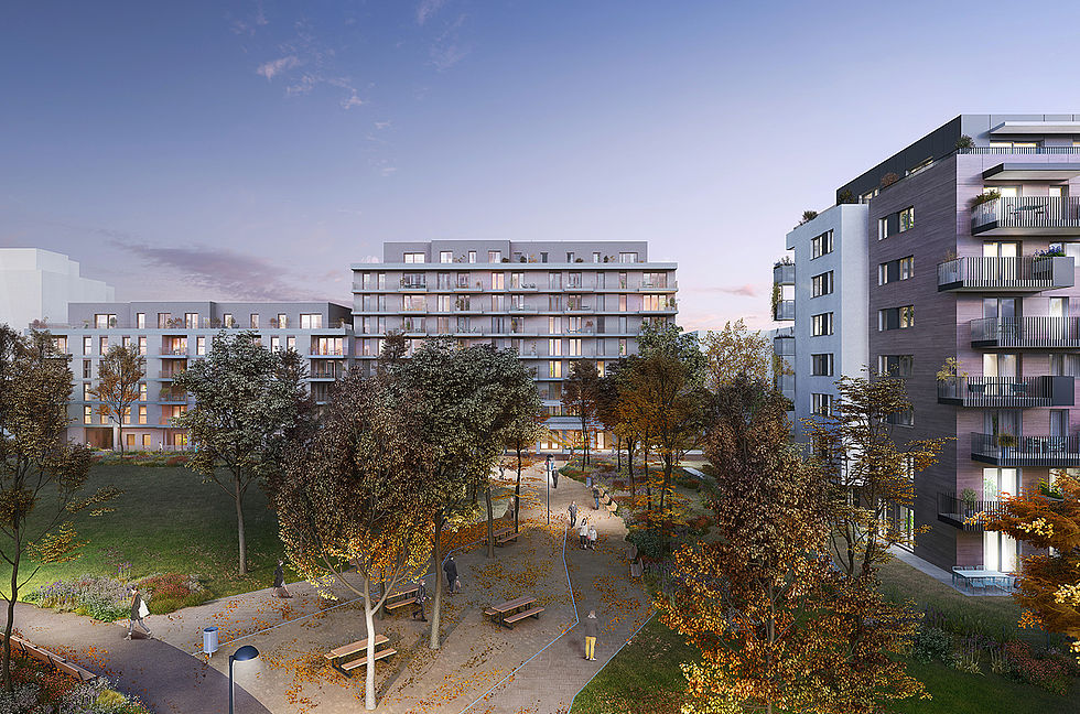 Die Mischek Wohnhausanlage Green Eastside bietet Wohnungen in Wien Kagran zum Kaufen. 