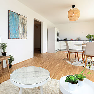 Wohnzimmer in der Mischek Musterwohnung im Helene-Thimig-Weg in Wien-Liesing