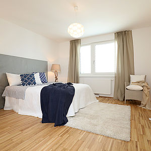 Schlafzimmer in der Mischek Musterwohnung im Helene-Thimig-Weg in Wien-Liesing