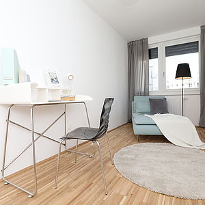 Das Arbeitszimmer in der Mischek Musterwohnung in der Czeikestraße 6 in Wien 10.