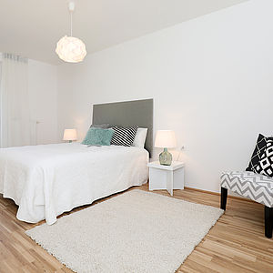 Das Schlafzimmer in der Mischek Musterwohnung in der Czeikestraße 6 in Wien 10.