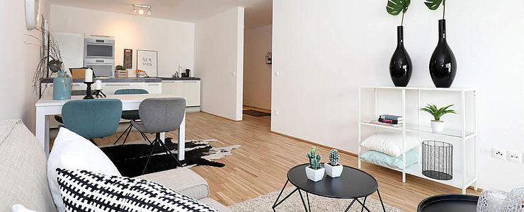 Die Mischek Musterwohnung im Favo(u)rite Living - Wohnraum Violapark in der Czeikestraße 6 im 10. Bezirk.
