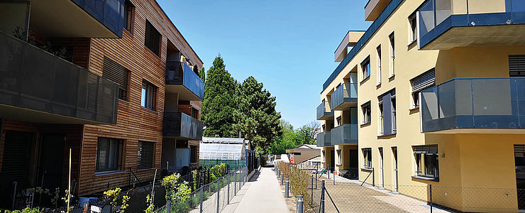 Zwei Mischek Wohnbauprojekte in Wien Liesing in der Kugelmanngasse.